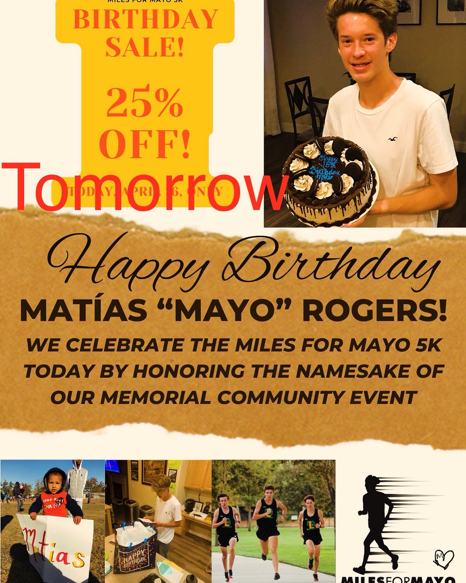 MilesForMayo's tweet photo. Tomorrow we are honoring Matías’ birthday by offering 25% off the cost of the 5K registration. Sign up any time tomorrow! https://t.co/gPOs6VluNQ