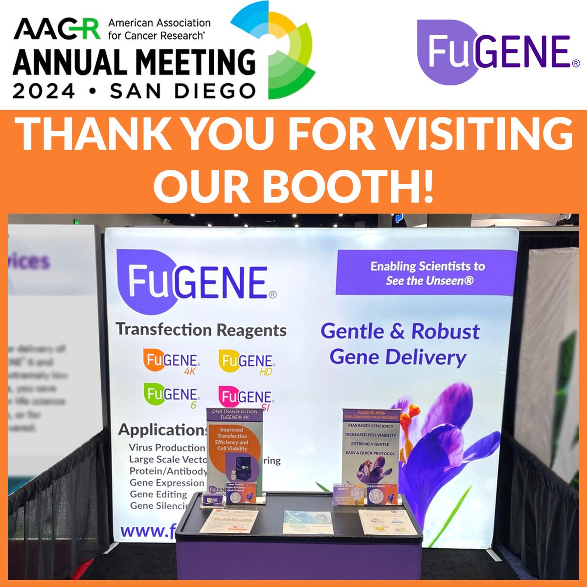 Thanks for visiting our booth at the annual AACR meeting! Sample follow ups will start this week, and we hope to see everyone in Chicago next year for #AACR25!

#FuGENE #transfection #AACR #cancerresearchsaveslives