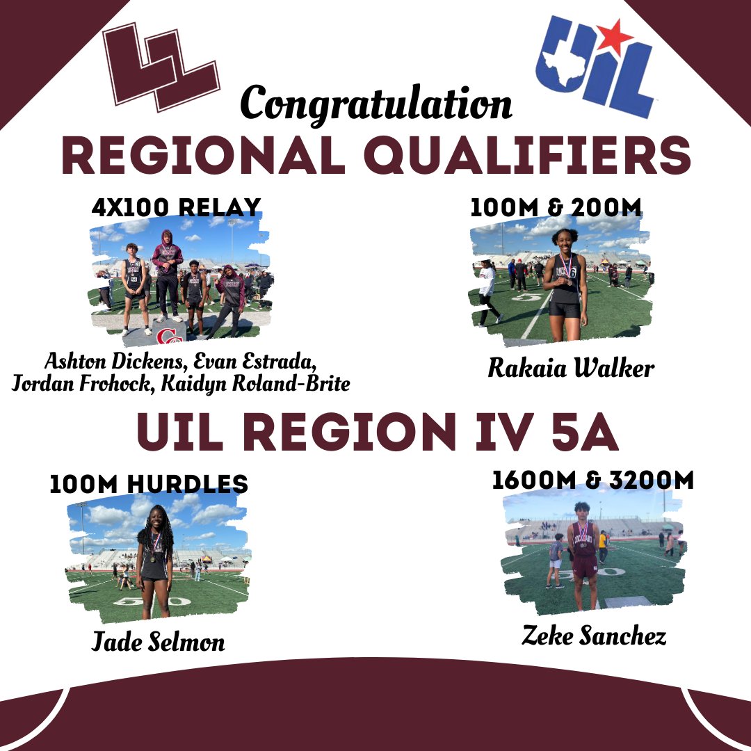 Lockhart Lions are #LockedOnExceLLence! 🏆

7 LHS Track athletes are going to regionals! #ExpeditionExceLLence 

Ashton Dickens, Evan Estrada, Jordan Frohock, Kaidyn Roland-Brite - 4X100 Relay
Rakaia Walker - 100M &amp; 200M
Jade Selmon - 100M Hurdles
Zeke Sanchez - 1600M &amp; 3200M