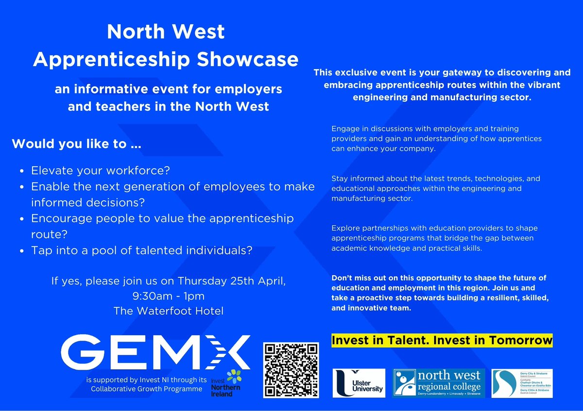 🌟 Attention Employers & Educators! 🌟 Don't miss out on our North West Apprenticeship Showcase! To register, scan the QR code below or visit: eventbrite.co.uk/e/gemx-apprent… #GEMX #Apprenticeship #NorthWest #Derry #Londonderry