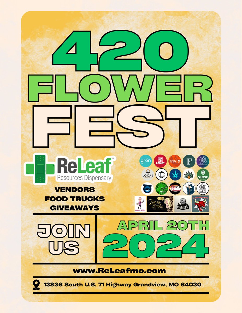 We're rolling out the best at the 420 Flower Fest with your favorite vendors, tastiest food trucks, and awesome giveaways. Plus, catch the live vibes with Mix93.3FM broadcasting the fun! Don't miss out - April 20th is the day to be green with us!💚

Location📍
13836 S U.S. 71