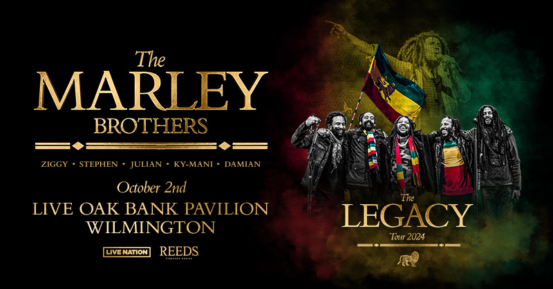 🎉 The Marley Brothers are coming to @LiveOakBankPav #Wilmington 10/2 for The Legacy Tour with @ZiggyMarley @StephenMarley @JulianMarley @MaestroMarley & @DamianMarley! 
🎟️ Get tickets Fri 4/19 at 10 AM: livemu.sc/3xBEXgV ❤️💛💚
💍 Part of the Reeds Jewelers Concert Series