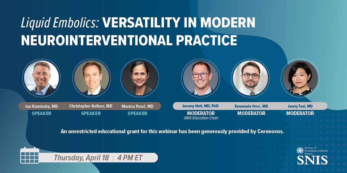 The next #SNISinsights webinar 'Liquid Embolics: Versatility in Modern Neurointerventional Practice' is Thurs 4/18 at 4pm ET.
An unrestricted educational grant for this webinar has been generously provided by Cerenovus.
Register: pulse.ly/h8in9bzags