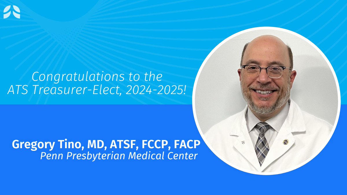 The ATS Board of Directors unanimously approved the Nominating Committee’s recommendation of Gregory Tino, MD, ATSF, FCCP, FACP, as the ATS treasurer-elect, 2024-2025! He will serve as the ATS Treasurer for the 2025-2028 term. 🔗More about Dr. Tino: tinyurl.com/yfrj8jyw
