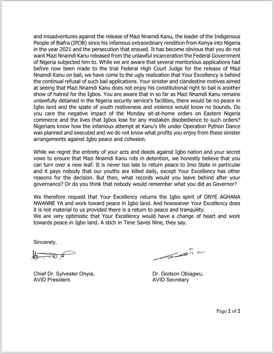 “Stop blaming evil in Imo state on the Devil, blame it on Gov Hope Uzodinma”. A letter from the American Veterans of Igbo Descent to @Govhopeuzodinma of Imo state. The man behind the atrocities in South East more especially in Imo state. @officialABAT @NGRSenate @AIT_Online