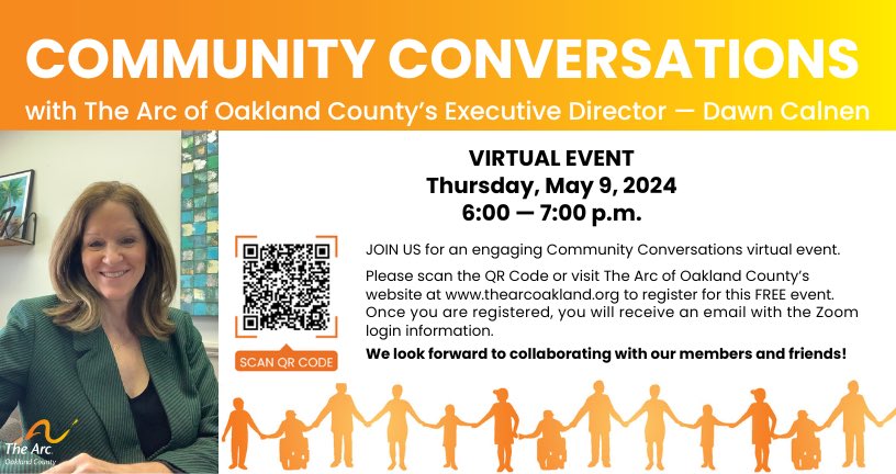The Arc of Oakland County's next virtual Community Conversations event is Thursday 5/9 at 6 PM.

Click on the link below or scan the QR code to register for this FREE event.

thearcoakland.org/community-conv…

#TheArc #TheArcofOaklandCounty #CommunityConversations #AchieveWithUs