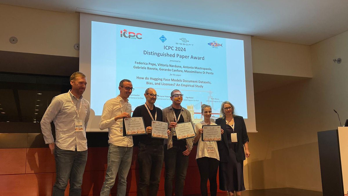 Max Di Penta (@mdipenta) on Twitter photo Distinguished paper award <a href="/icpcconf/">ICPC 2025</a> ! for "How do Hugging Face Models Document Datasets, Bias, and Licenses? An Empirical Study" with Federica Pepe, Vittoria Nardone, <a href="/AntonioMastro2/">Antonio Mastropaolo</a>, <a href="/gbavota/">Gabriele Bavota</a> and <a href="/GerardoCanfora/">Gerardo Canfora</a> Distinguished paper award <a href="/icpcconf/">ICPC 2025</a> ! for "How do Hugging Face Models Document Datasets, Bias, and Licenses? An Empirical Study" with Federica Pepe, Vittoria Nardone, <a href="/AntonioMastro2/">Antonio Mastropaolo</a>, <a href="/gbavota/">Gabriele Bavota</a> and <a href="/GerardoCanfora/">Gerardo Canfora</a>