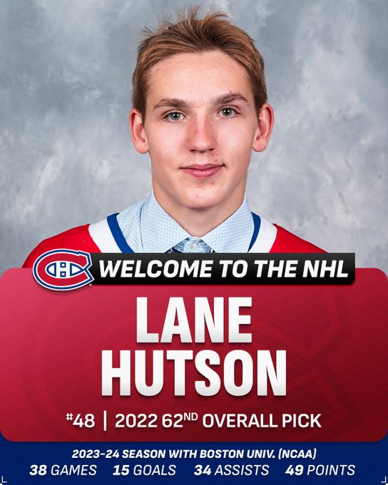 Top: Lane Hutson smiling in a Montreal Canadiens jersey.
﻿
Middle: White letters on a black background reading, “Welcome to the NHL”.
﻿
Bottom: White text on red and blue backgrounds reading, “Lane Hutson. #48. 2022 62nd overall pick. 2023-24 season with Boston Univ. (NCAA) 38 games, 15 goals, 34 assists, 49 points”.