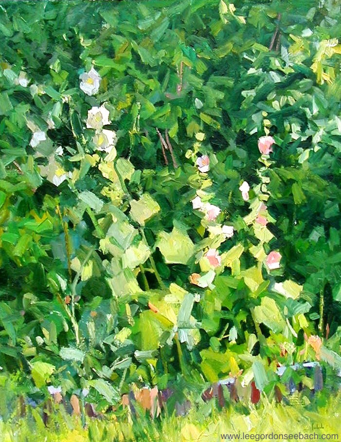 'Ranchitos Hollyhocks' oil on linen 28'x22' Painted en plein air in a Taos, New Mexico garden in 1987.  #art #oilpainting #paintings #painting #garden #artists #artistsontwitter #enpleinair #ArtistOnTwitter #NewMexico  #100daysofpainting #painterlypainter