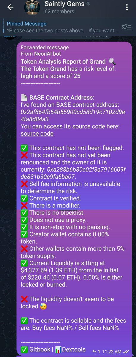 CryptoSaintOfcl's tweet photo. #Grandbase
Is it possible they had their wallet hacked? Sure.. But when you have a contract set up like this that can still mint & THEN you just happen to be hacked, I'm not going to feel any sympathy for you. There are PLENTY of these types of contracts left out there right now MANY of you are STILL in. No locks on LP even at quick glance & double checking a few places.. Easy to rug.
People need to stop investing in these projects, simple as that. If the dev team can't take care of their contract properly, they can't take care of their project long term and you will likely get burnt. $NEONAI checks BASE as well as other chains. I ran a full pdf multipage report on this. This is stuff YOU should be doing before investing. USE @neonaiapp to determine risk.. It'll only keep getting smarter and stronger as they continue adding more every week. Bubble Maps are even coming soon. Protect yourself, be safe! Stop getting rugged and join LEGIT projects. Neon is only at 1m MC. You'll be early. They haven't even started marketing yet til after the halvening.