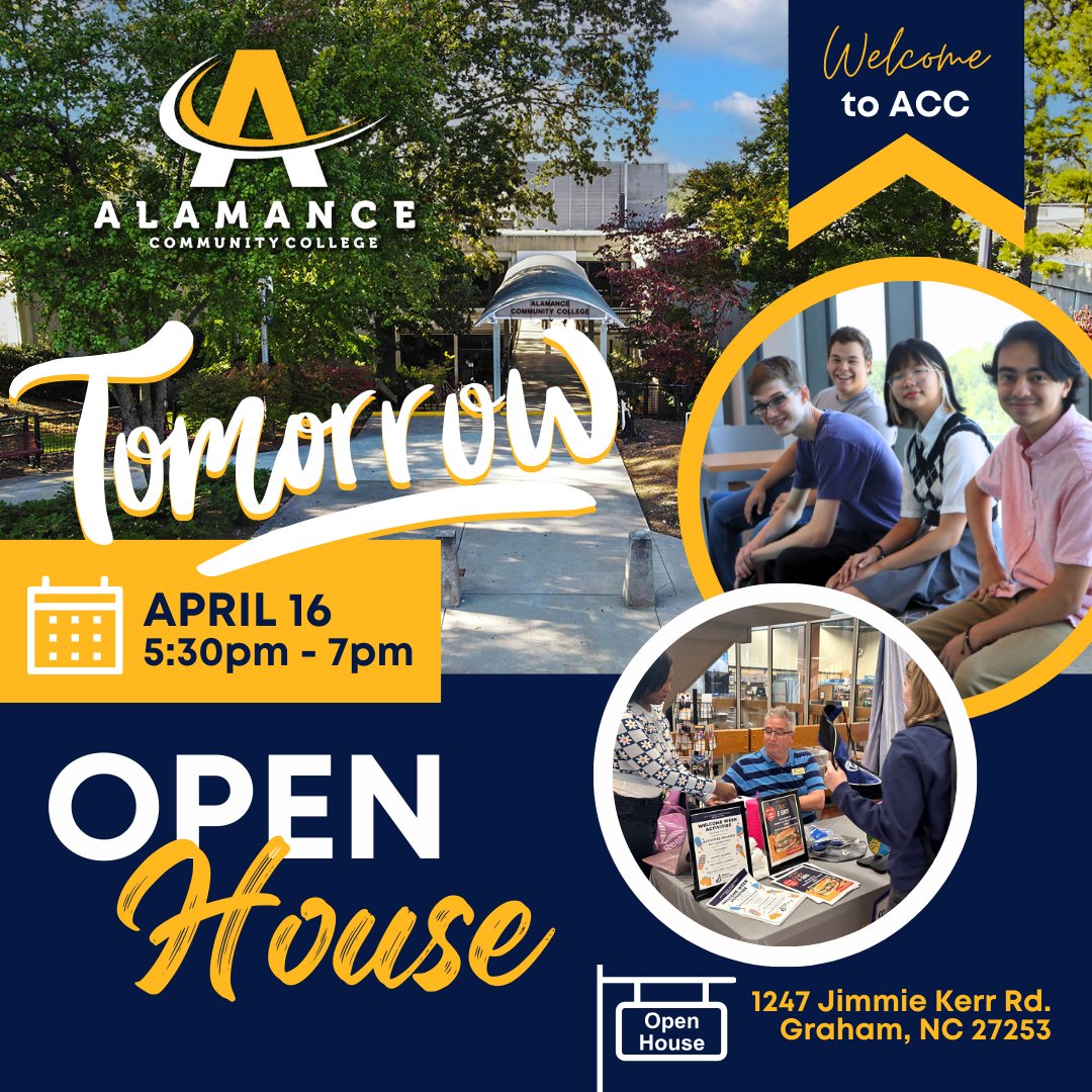 🌟 Tomorrow's the day! Join us at Alamance Community College's Open House from 5:30 PM to 7:00 PM. 📍 Location: Main Building, Main Campus, 1247 Jimmie Kerr Rd., Graham, NC 27253
Don't miss out on transforming your future!
#YourFutureStartsHere #Alamance #GrowWithUs