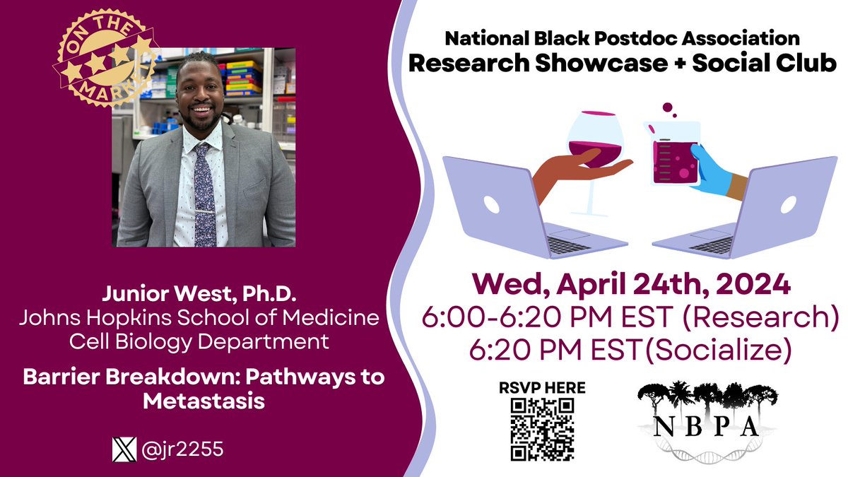 Join the NBPA for our Research Showcase & Social Club Wed, April 24th at 6:00 PM ET, feat. @jr2255 (on Faculty Market)!🤩 Please register for the Zoom link: forms.gle/1AYc7ku1ZSegcY…✨ 6:00-6:20 PM ET: 1 short 15-minute research talk (all welcome) 6:20-7:00 PM ET: Member social🫶🏾