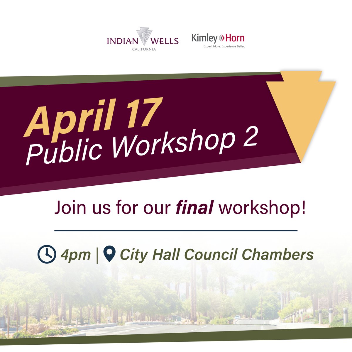 Join us for the final Traffic Safety Action Plan Public Workshop on Wednesday, April 17, at 4 PM in the City Hall Council Chambers! During the workshop, we'll present the draft Action Plan based on the input from the #IndianWells community. Don't miss out! 🚗