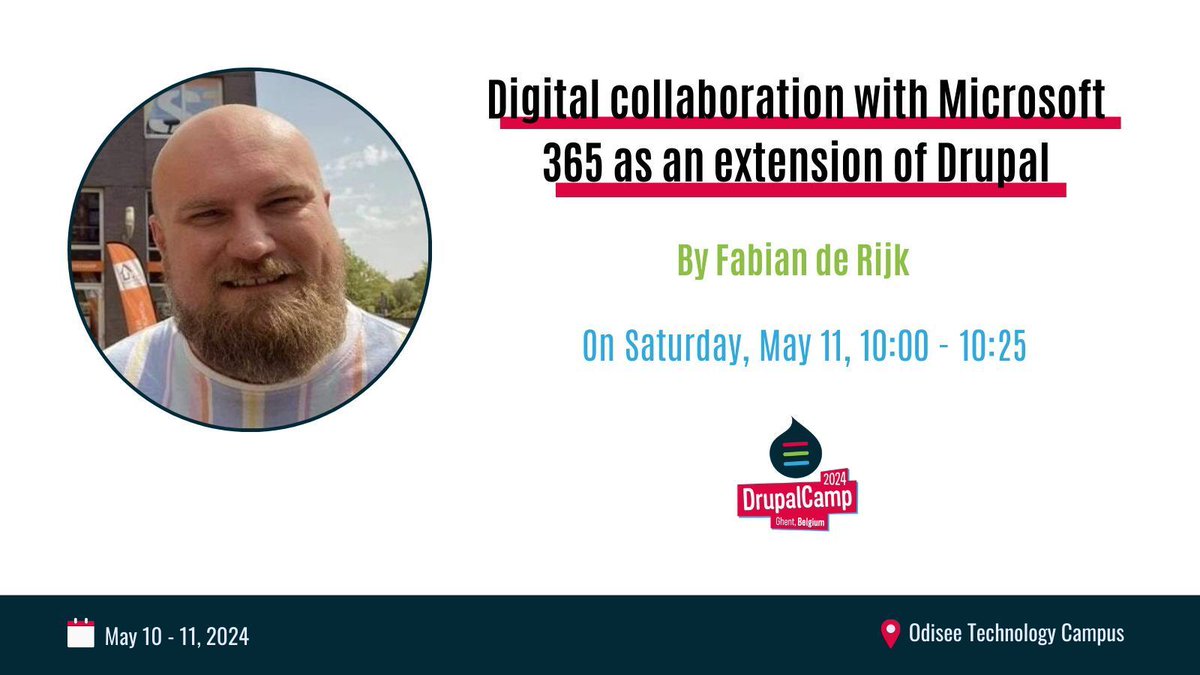 ⭐ Speaker Spotlight: Fabian de Rijk ⭐

In his session, <a href="/fabianderijk/">fabianderijk™</a> will dive into digital collaboration in #Drupal, with the benefits of Microsoft 365. Join him on May 11th at #DrupalCamp Ghent!

💡 Learn more about his session at drupalcamp.be/en/drupalcamp-…