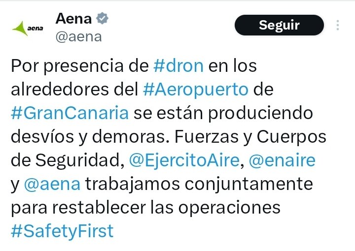 ElperroazulGC's tweet photo. @RTVCCanarias Las manifestaciones sin contrastar noticias solo generan caos. Antes de compartir información sobre la presencia de un dron en un aeropuerto, se debe tener fuentes confiables, certeras y verificadas. Actuar con responsabilidad es clave para evitar malentendidos y acciones de odio https://t.co/0YXmYZpifD