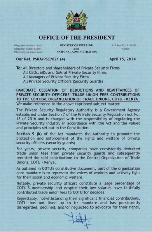 IMPORTANT UPDATE!! Private Security Regulatory Authority (PSRA) has directed all Private Security Firms to stop deducting and remitting security guards' monthly trade union fees to Central Organisation of Trade Union (COTU) Kenya. @COTU_K @AtwoliDza