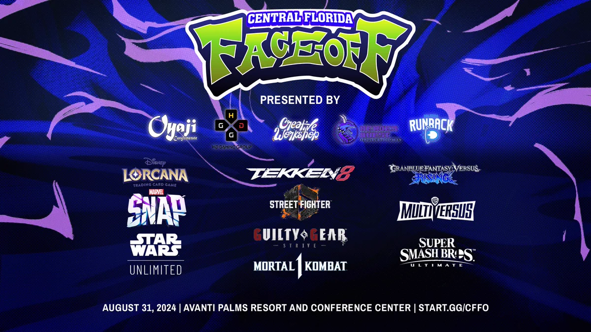 Central Florida-Face Off is a 1-Day regional event that will include the following events:

Street Fighter 6
Tekken 8
Super Smash Bro. Ultimate
Guilty Gear: Strive
Mortal Kombat 1
Granblue Fantasy Versus: Rising
Super Naruto Clash of Ninja 4
MultiVersus
Marvel SNAP
Lorcana (256 player cap) [$5k prize pool]
Star Wars Unlimited (64 player cap)

It will be held at the Avanti Palms Resort and Conference Center in Orlando, FL on August 31st, 2024.

To register, go to start.gg/cffo!