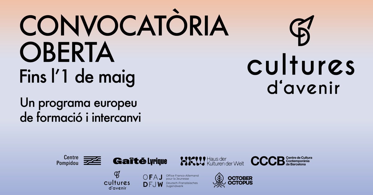 ▪️ OPEN CALL ▪️

Busquem 5 joves cineastes o artistes visuals per participar a #CulturesdAvenir, un programa europeu de formació i intercanvi amb tallers a Berlín, París i Barcelona de juliol a novembre de 2024 + beca de producció de 2.000€

🖇️ cccb.org/ca/activitats/…