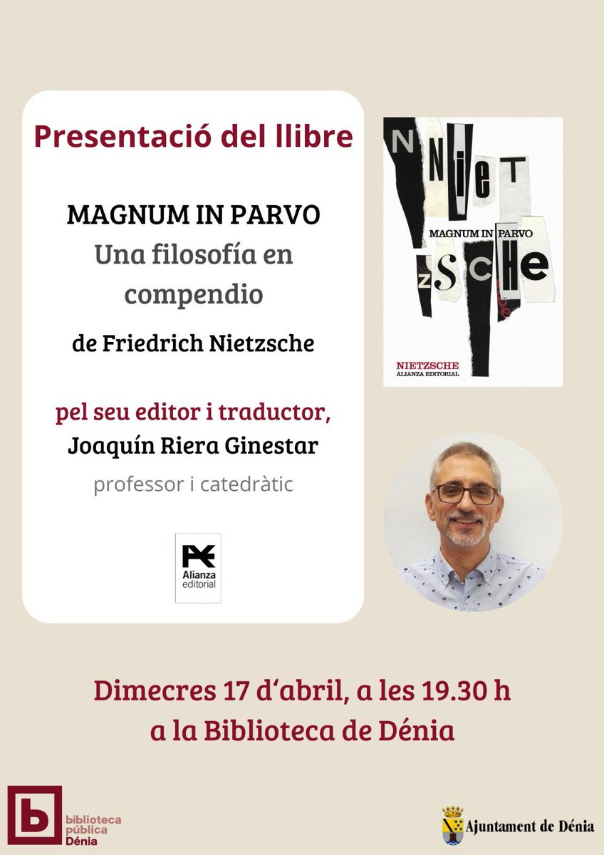 Ací teniu les activitats previstes per a aquesta setmana🫶 📘Dimecres 17 d’abril, a les 𝟏𝟗.𝟑𝟎 𝐡 Presentació de la traducció de l’obra filosòfica '𝐌a𝐠n𝐮m i𝐧 𝐩a𝐫v𝐨: Una filosofía en compendio' de Nietzsche, pel seu traductor, 𝑱𝒐𝒂𝒒𝒖𝒊́𝒏 𝑹𝒊𝒆𝒓𝒂 𝑮𝒊𝒏𝒆𝒔𝒕𝒂𝒓