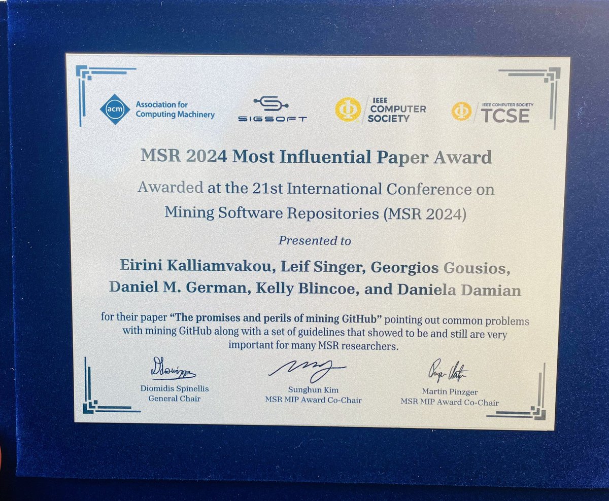 Eirini Kalliamvakou (@irina_kal) on Twitter photo Look Ma, I’m an influencer now!
Thank you <a href="/msrconf/">MSR 2025</a> for this award ❤️and huge thanks and congratulations to all the coauthors <a href="/gousiosg/">Georgios Gousios</a> <a href="/KellyBlincoe/">Kelly Blincoe</a> <a href="/lsinger/">Dr. Leif Singer</a>, Daniel German, <a href="/DanaHDamian/">Dr. Daniela Damian</a> Look Ma, I’m an influencer now!
Thank you <a href="/msrconf/">MSR 2025</a> for this award ❤️and huge thanks and congratulations to all the coauthors <a href="/gousiosg/">Georgios Gousios</a> <a href="/KellyBlincoe/">Kelly Blincoe</a> <a href="/lsinger/">Dr. Leif Singer</a>, Daniel German, <a href="/DanaHDamian/">Dr. Daniela Damian</a>