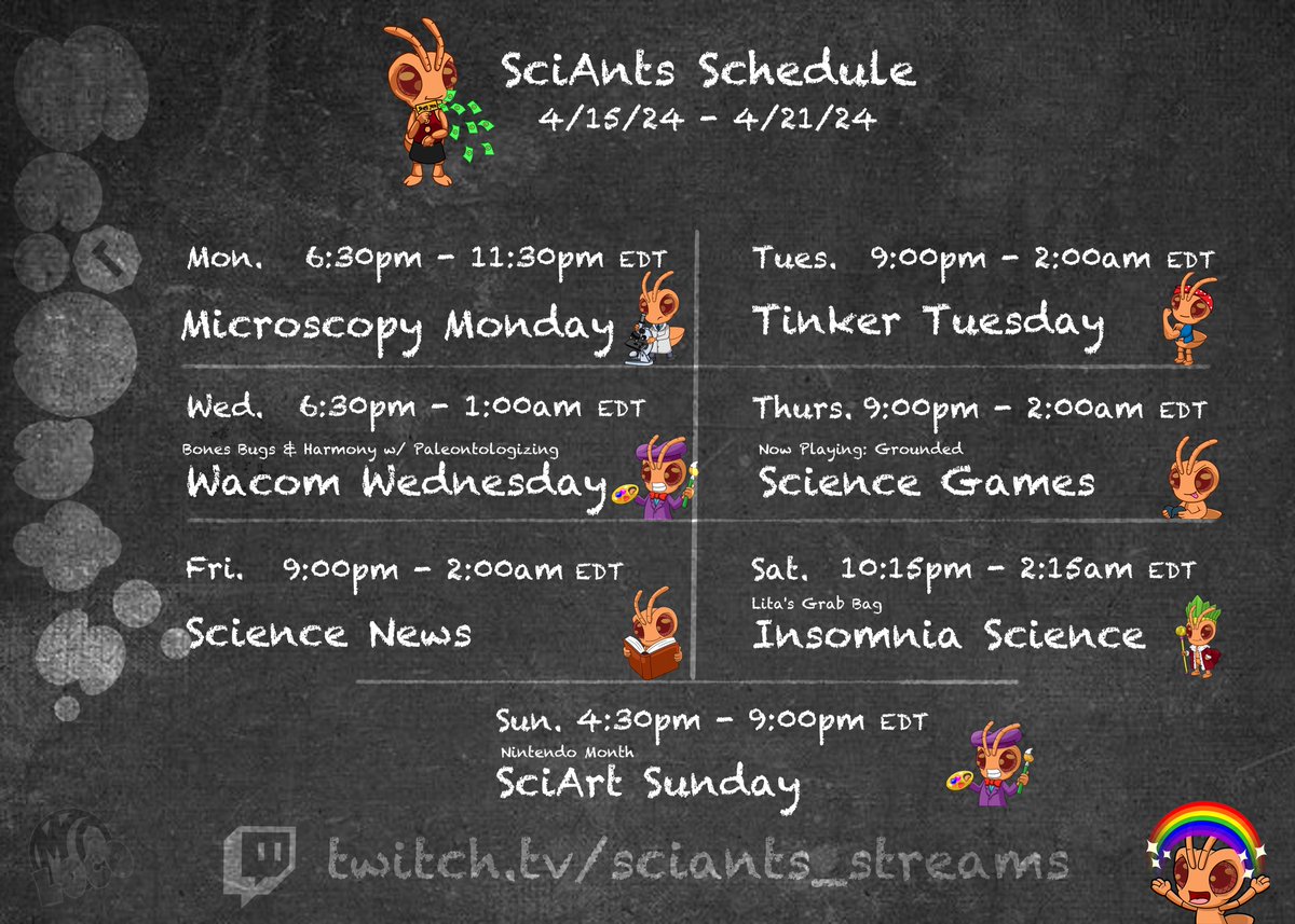 #SciAnts stream schedule for week is live! #science and #art fun for our amazing community. Week of 4/15/24. Hope to see you there! #scicomm #stem #twitchstreaming #twitchpartner #twitch #twitchstreamer #live #livestream #TwitchStreamers #twitchtv twitch.tv/sciants_streams