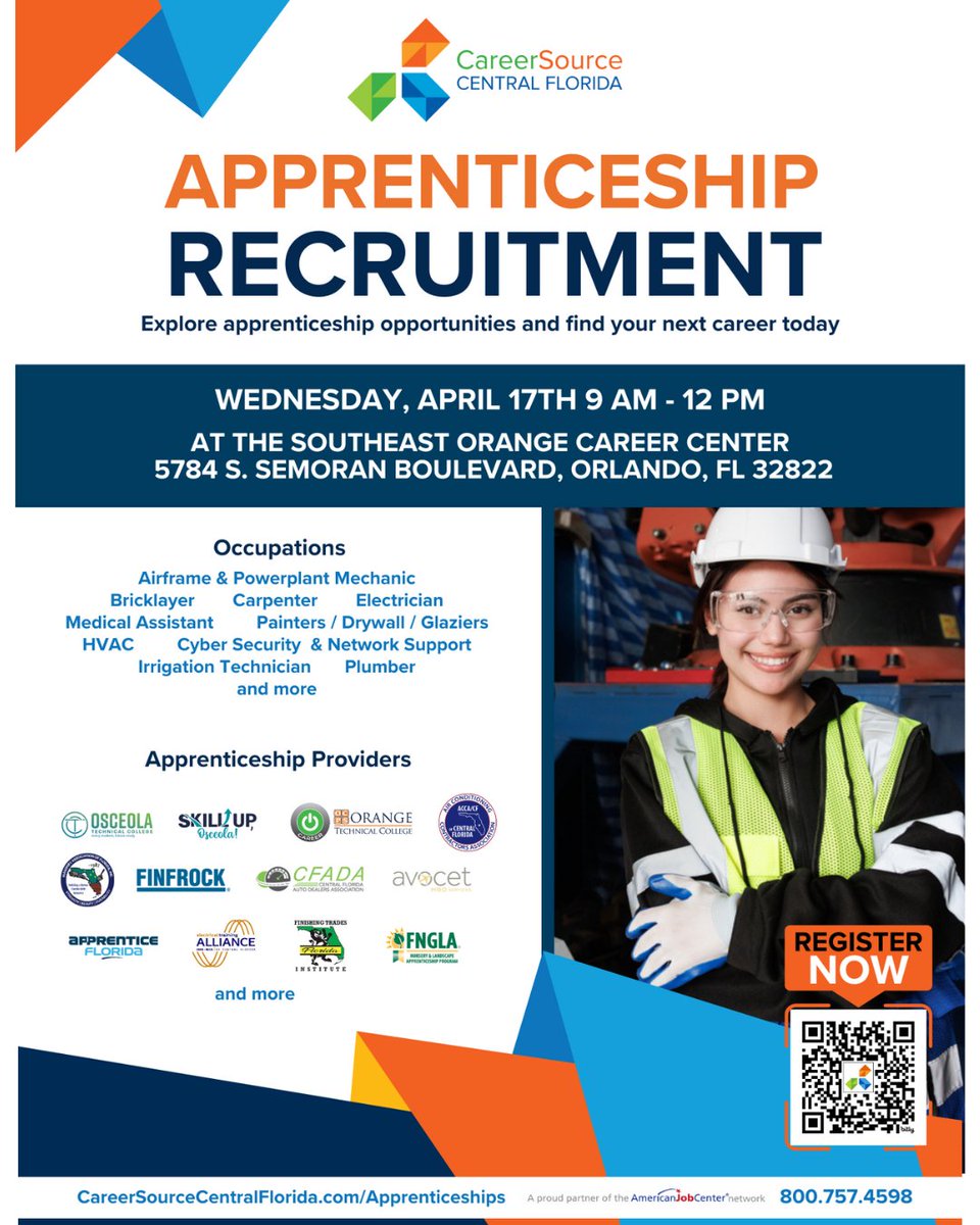 Explore #apprenticeship opportunities at this week's event. 🔨 🏥 🏗️ Register at bit.ly/40vnMb9. @fngla @weareoTECH @ocpsotc @ocpsotc @cfautodealers