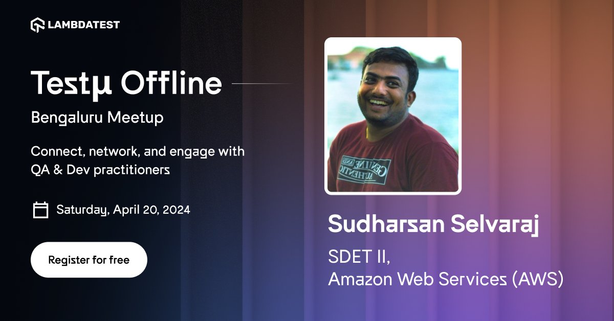 Decode power of Open-Source to build an Appium Device Farm with Sudharsan Selvaraj, SDET II, @awscloud at 𝐓𝐞𝐬𝐭μ 𝐎𝐟𝐟𝐥𝐢𝐧𝐞 - 𝐁𝐞𝐧𝐠𝐚𝐥𝐮𝐫𝐮 𝐌𝐞𝐞𝐭𝐮𝐩 🔗 tinyurl.com/3mtu93mu 🗓️ April 20, 2024 | 👥 Free Offline Meetup #TestMuConf #Meetup #SoftwareTesting