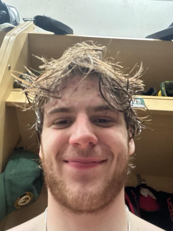 Game 6 2OT win to force game 7 type of smile! 🐎💛💚💛💚#game7 #humboldtbroncos #playoffbeard