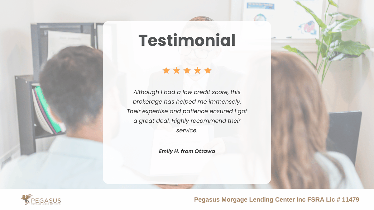 🌟 Testimonial Alert! 🌟

'Despite challenges with a low credit score, #PegasusMortgage delivers exceptional service! Their expertise and patience ensure clients get great deals. Highly recommended.' - Emily H. from Ottawa

#ClientSatisfaction #MortgageExperts #OttawaLiving 🏡💼