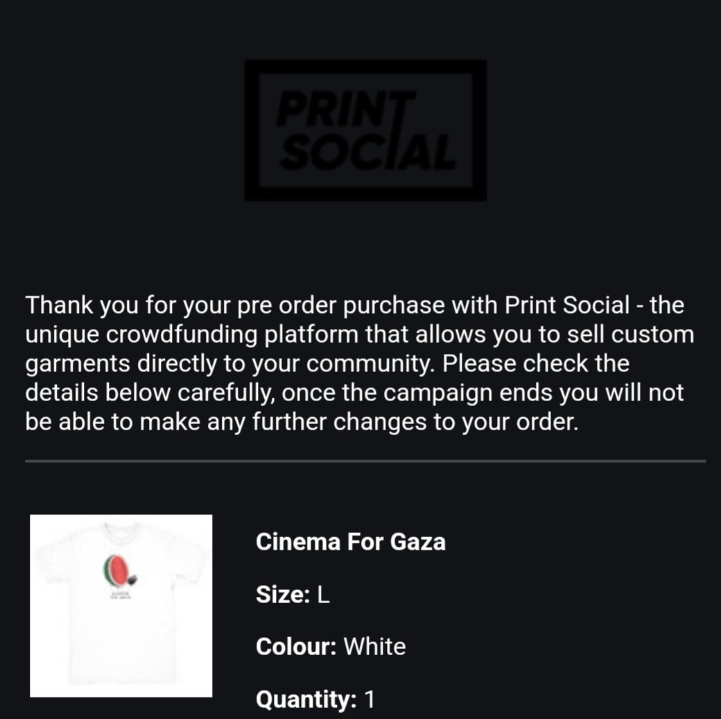 Done. Shout out to the @Cinema4Gaza team and @henryjgarrett. I was quite literally begging for a tee the other day lol