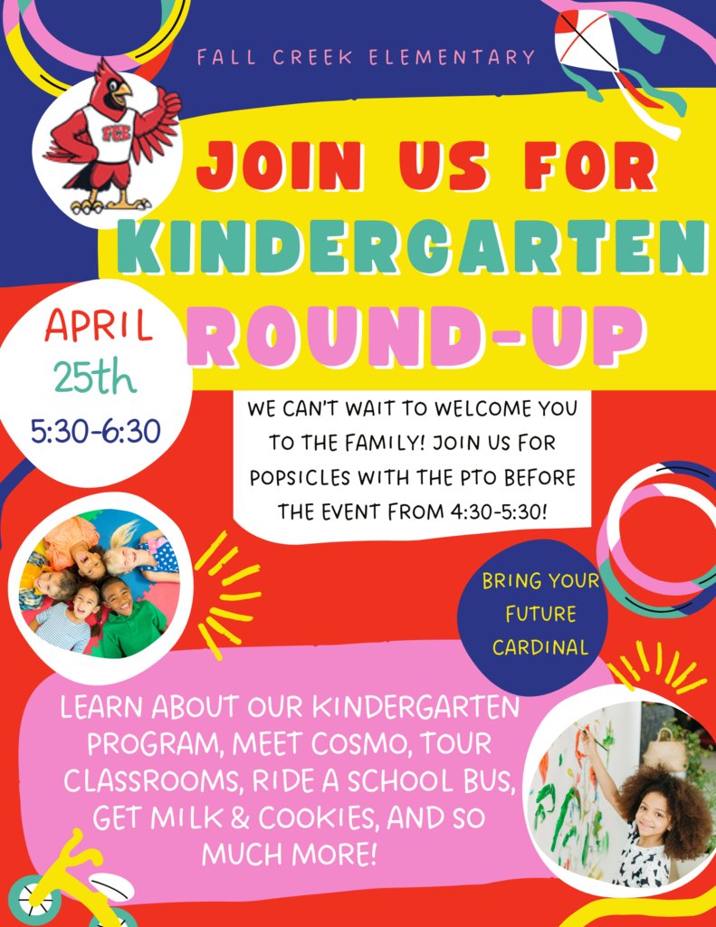 Join us for Kindergarten Round Up next week! Kindergarten Registration is open and we look forward to welcoming you to our Fall Creek Family!