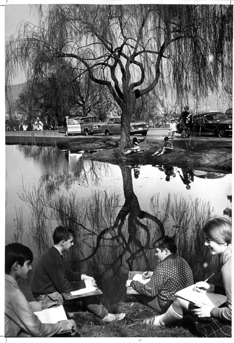 Image title: General Wolfe School grade 6 art class drawing at Little Mountain pool. Date: Apr. 7, 1970 Image thanks to Pugstem Publications Ref code: AM1667-: CVA 134-070 ow.ly/hQn150R04uI #vancouverart #littlenmountain #GeneralWolfe