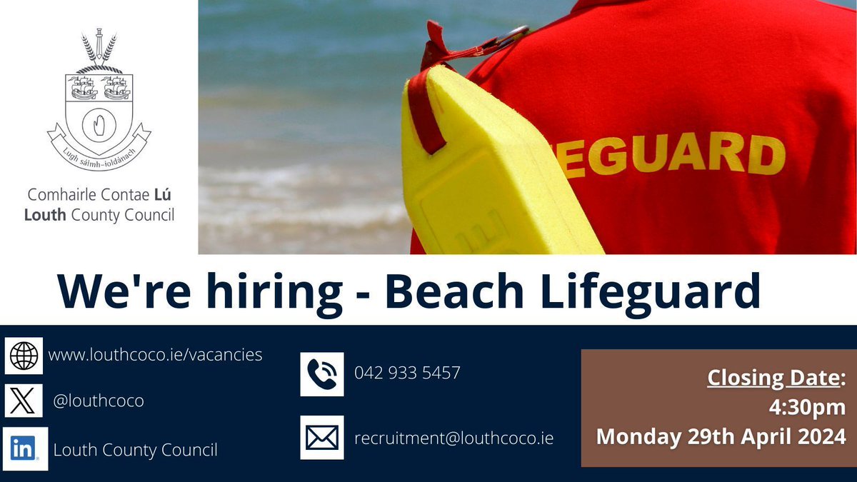 We’re hiring Beach Lifeguards for the summer season. Valid Beach Lifeguard qualification essential. Closes 4:30pm Mon 29th Apr ‘24. Apply now at buff.ly/4cTKHCB #YourCouncil #LouthJobs #JobFairy @Louthchat
