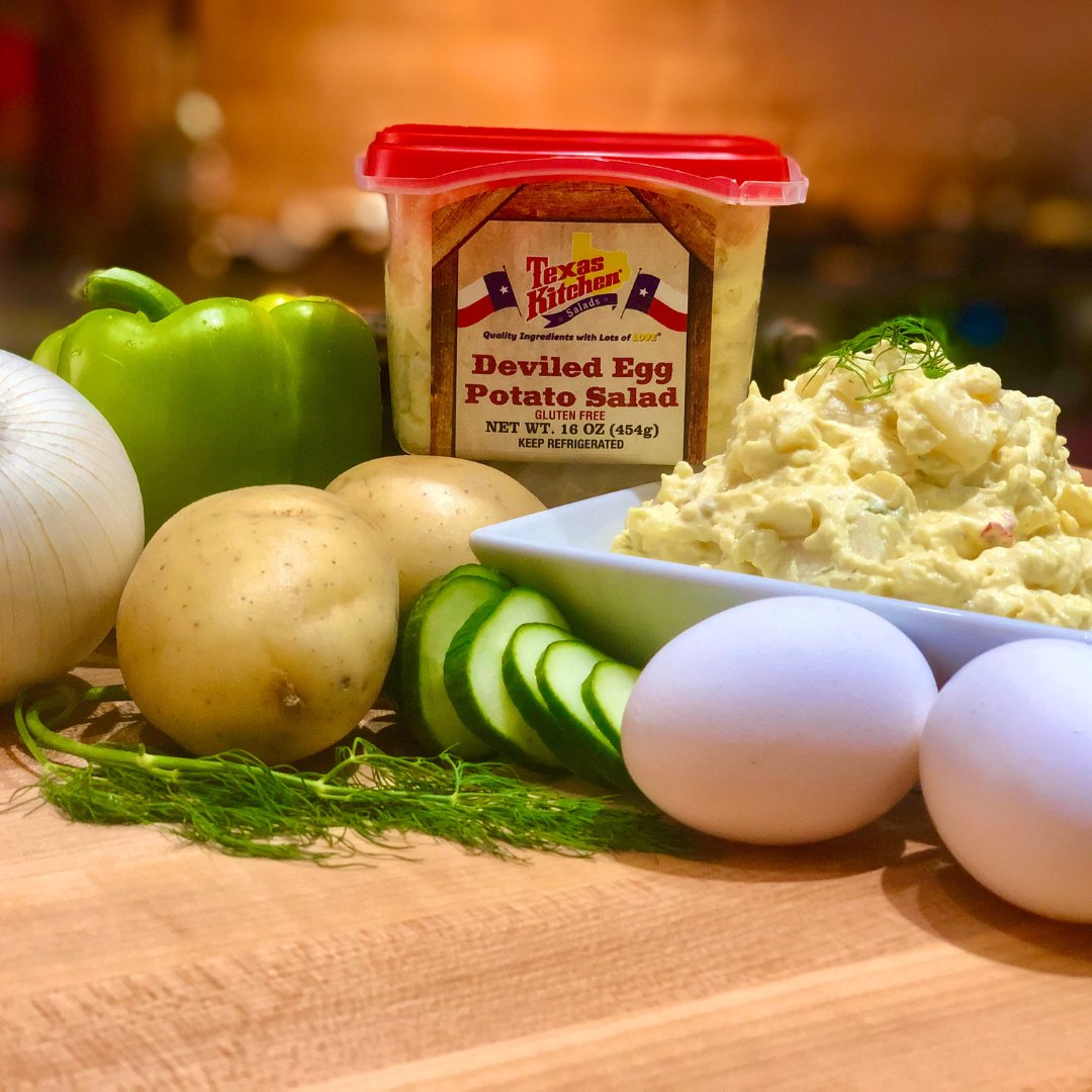 Our Deviled Egg Potato Salad is crafted with diced Idaho Potatoes, loaded with hard-boiled eggs, crisp celery, onions, and red peppers in a perfect blend of sweet relish, mayonnaise, and mustard. Delicious!

#texaskitchen #familyowned #homestyle #heb #kroger #brookshirebrothers