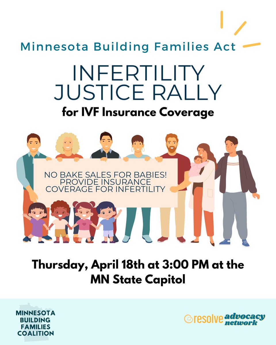 Join @resolveorg on Thursday, April 18 at 3 p.m. on the Minnesota Capitol steps to tell lawmakers we need IVF insurance coverage and they should pass the MN Building Families Act! Wear orange and bring a sign to make your voice heard. 🧡 RSVP here: docs.google.com/forms/d/e/1FAI… #MNLeg