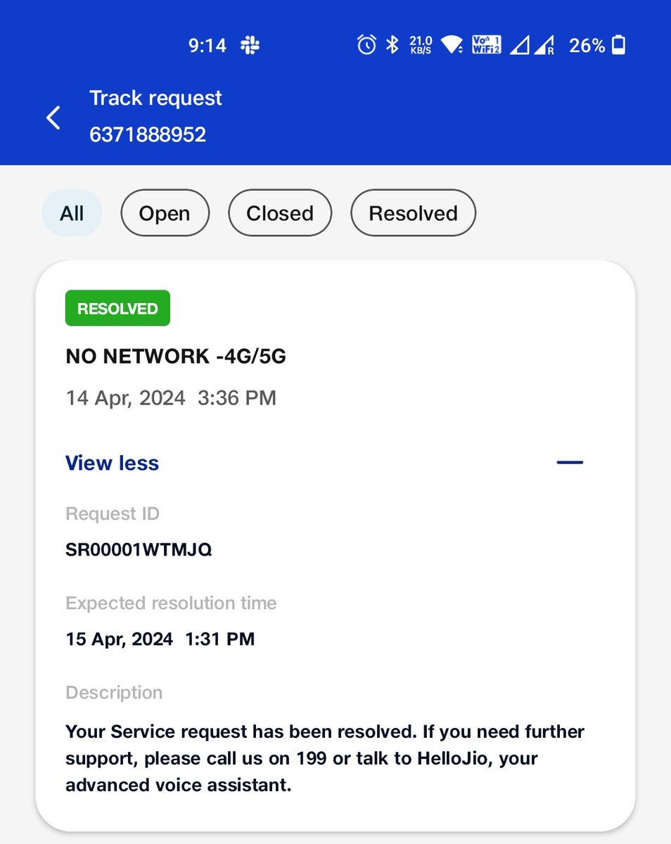 mandal_here's tweet photo. @JioCare @reliancejio I had raised a complaint for slow network issues in my area. The request id is SR00001WTMJQ raised in 14Apr24. But now the request was marked resolved without any resolution provided to me. Please look into this ASAP. https://t.co/bL2vdoR5pP