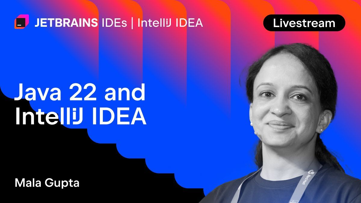 Join us live as we dive into the latest updates in Java 22 with IntelliJ IDEA 2024.1! Learn how to leverage new features seamlessly in your projects with @eMalaGupta. Date: April 24, 3:00–4:00 pm UTC Registration: jb.gg/d5m112 #IntelliJIDEALivestream #Java22