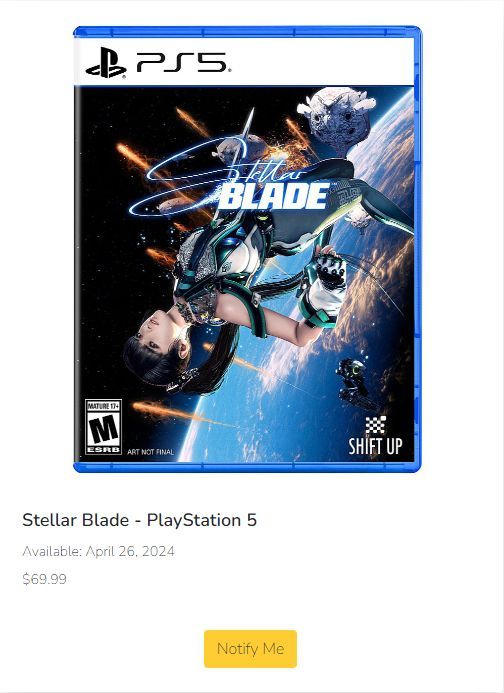 Stellar Blade, the game that took the internet by storm, is releasing next week. If you want to make sure that you get your hands on it, sign up for our FREE pre-order notifications. Hassle free and you'll be notified once it's in-stock! Pre-order here: preorder.videogamesnewyork.com/?title=Stellar…