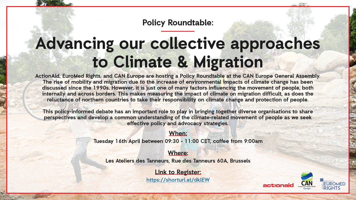 🌎Climate change is a key driver of mobility, with 8.7 million people displaced due to environmental disasters in 2022 alone 📅Learn more tomorrow📅 @ActionAid, @EuroMedRights and @CANEurope are hosting a Policy Roundtable to advance collective approaches on Climate and Migration