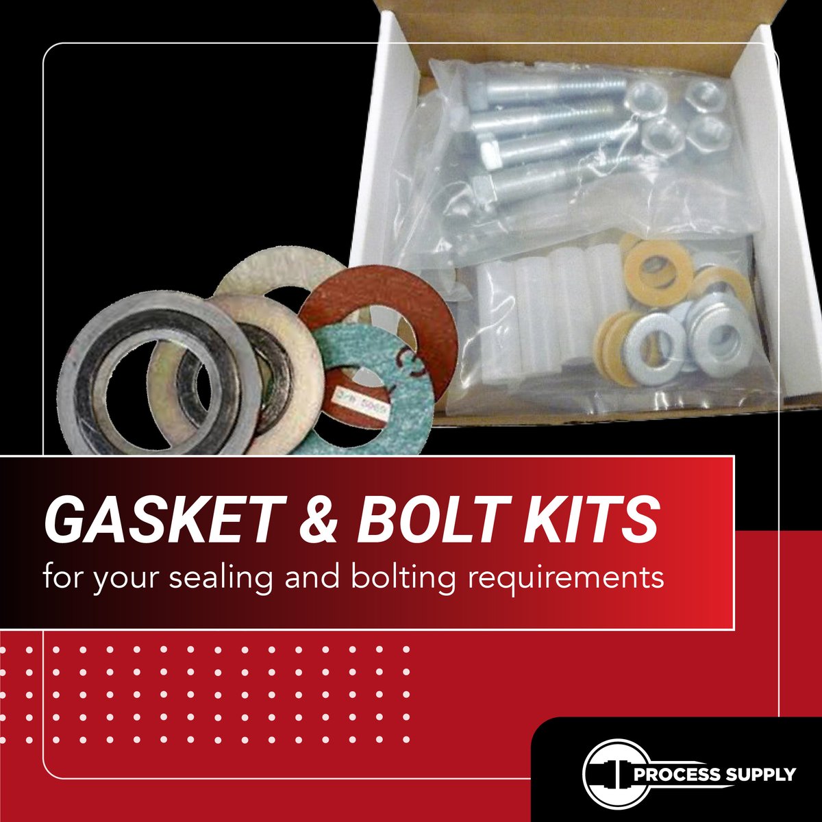 Process Supply offers many types of gaskets and bolt kits to solve your sealing and bolting requirements. We stock a variety of sizes and material types to meet all of your compatibility needs. ow.ly/MpfJ50R8Ftq

#gasket #boltkits #processsupply #industrialsupplier