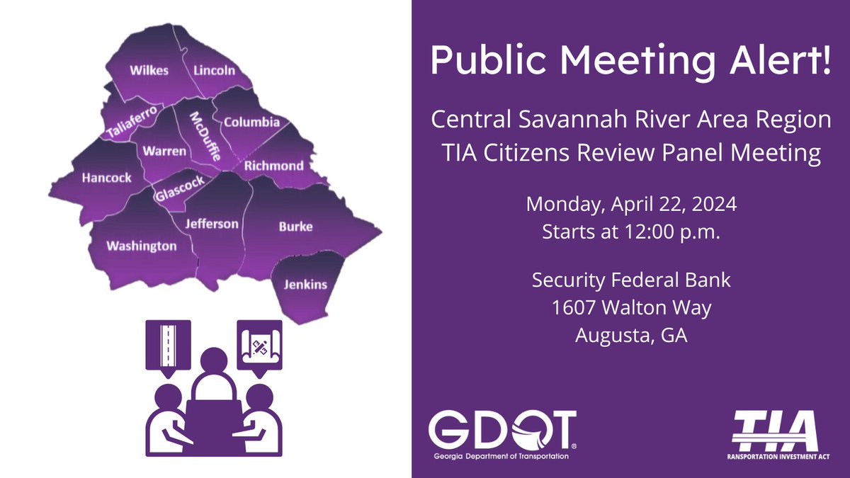CSRA: you're invited to join your Citizens Review Panel and hear the latest details of your TIA-funded transportation projects. #yourpennyyourprogress @GDOTEast @Augusta_Chamber