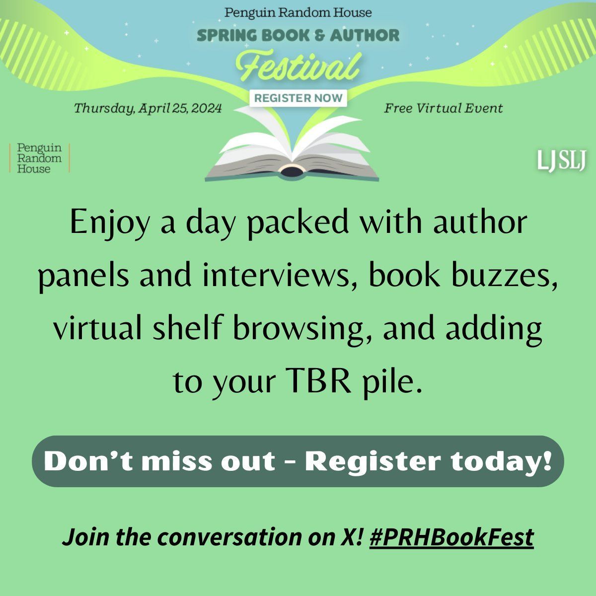 I'm excited to appear at the @PenguinClass, @LibraryJournal, & @sljournal Spring 2024 Virtual #PRHBookFest! 🎉 This free event will have author panels, giveaways, & more. I'll be on a panel with Alison McGhee, @cooke_pan, & @cprwords! I hope you'll join: libraryjournal.com/event/prh-spri…