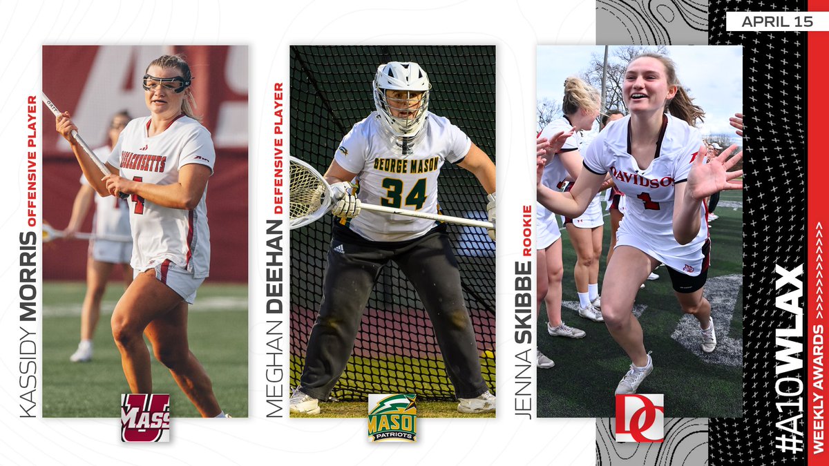 Huge conference wins for @UMassLacrosse, @GoMasonLax & @DavidsonLax this week They earn our #A10WLAX weekly accolades! 🥍 OFFENSIVE -- Kassidy Morris 🥍 DEFENSIVE -- Meghan Deehan 🥍 ROOKIE -- Jenna Skibbe 🔗 atlantic10.com/news/2024/4/15…
