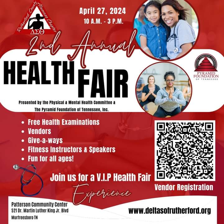 The Rutherford County Alumnae Chapter of Delta Sigma Theta Sorority, Incorporated is hosting its 2nd Annual Health Fair on Saturday, April 27, 2024, from 10:00 AM to 3:00 PM CST at Patterson Community Center. Please refer to the attached flyer for more information.