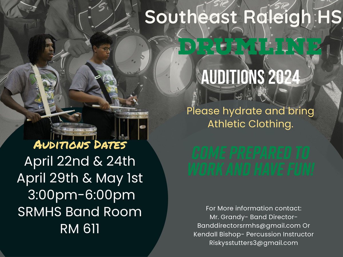 SRMHS Marching Band Drumline tryouts will be held from 3:00 PM to 6:00 PM on April 22nd through the 24th and April 29th through May 1st in room 611. If you are interested, please contact Mr. Grandy, our band director.