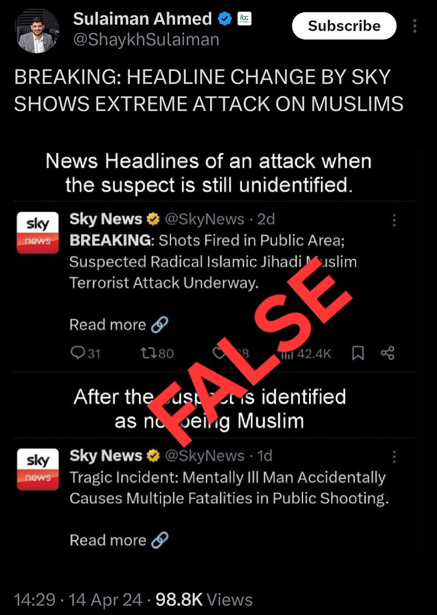 Suleiman Ahmed sharing #disinformation again - disinfo designed to exaggerate Western media's anti Muslim bias. These Sky News 'tweets' do not exist. You can check their timeline. Another giveaway is the excessive capitalisation of letters, which Sky News does not do
