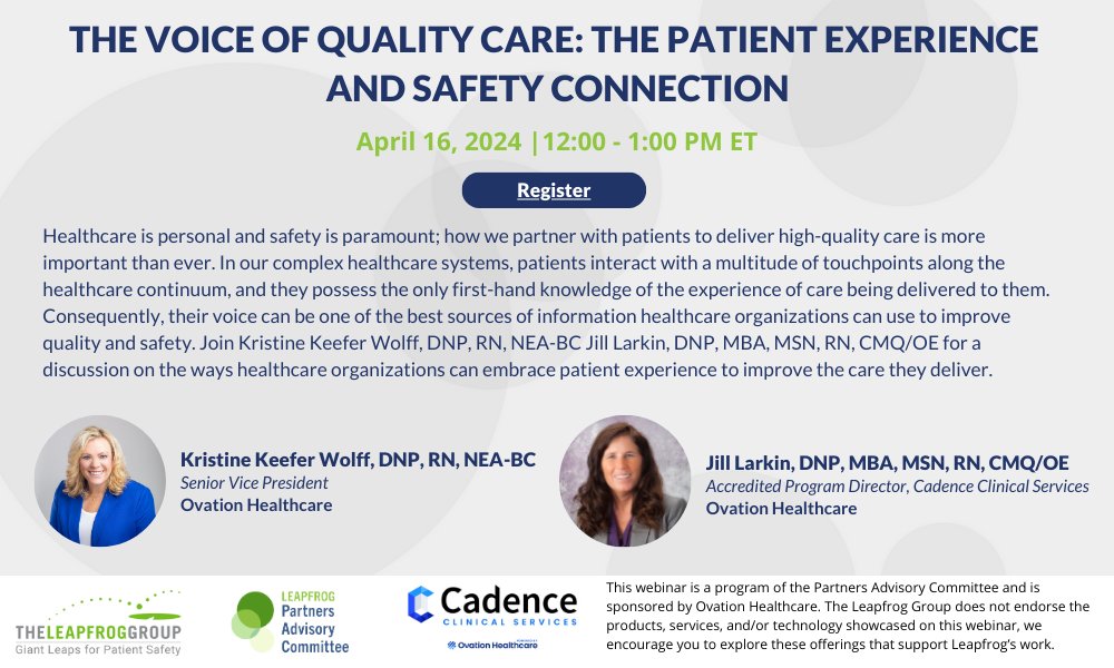 WEBINAR TOMORROW: Join Kristine Keefer Wolff, DNP, RN, NEA-BC Jill Larkin, DNP, MBA, MSN, RN, CMQ/OE for a discussion on the ways healthcare organizations can embrace patient experience to improve the care they deliver. ow.ly/i0Ro50RcjNg
