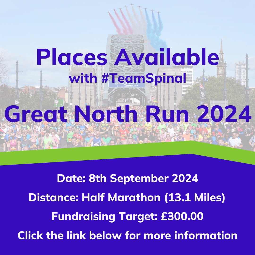 SpinalResearch's tweet image. The last few places are available for the Great North Run with #TeamSpinal this September! Apply now: spinal-research.org/event/great-no…