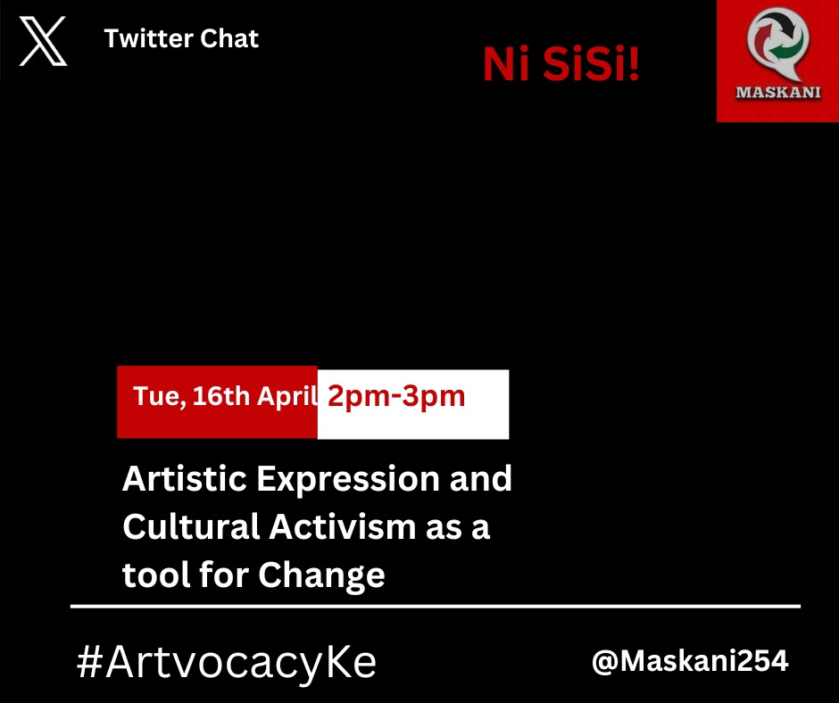 Join us tomorrow from 2pm -3pm has we engage on a campaign about Artistic expression and cultural Activitism as a tool for change @Maskani254 @peopletheatre1 #ArtvocayKE