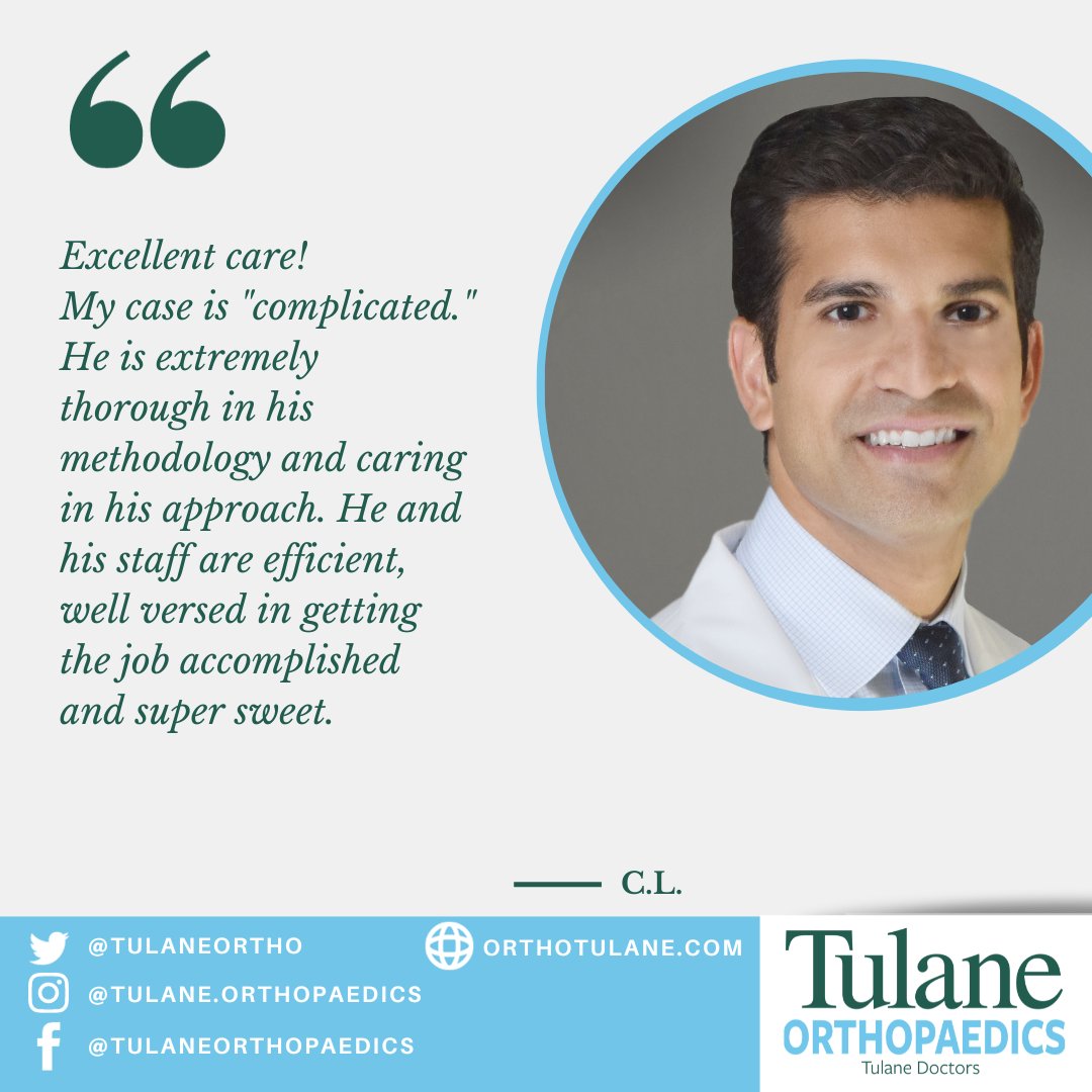 For today's #DoctorSpotlight, we'll be featuring Dr. Cyriac. Look to see what people are saying about him in the community. If you would like to book an appointment with him, call 504-988-0100 or visit orthotulane.com. #orthopaedicsurgery #spine #ortho #tulanedoctors